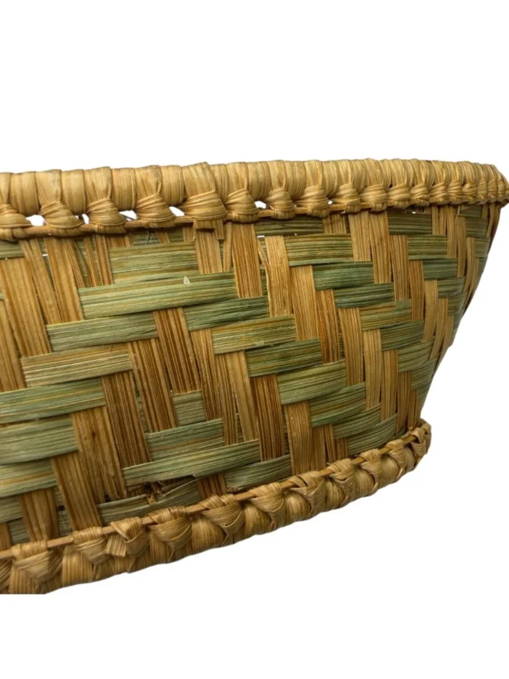 Vintage Handwoven Oval Bread Basket Geometric Green Natural Split Reed Boat Tray